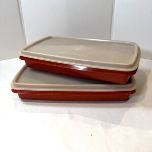 Vintage Tupperware 816 Paprika Deli Meat Cheese Keeper Set 2 w Lids USA